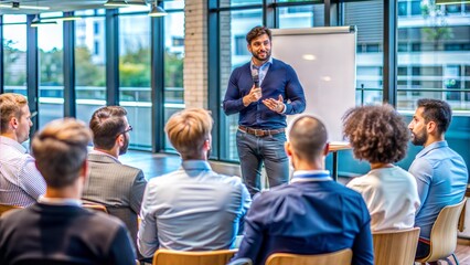 Startup Pitch Event: An entrepreneur pitching their startup idea to a group of potential investors at a pitch event, highlighting public speaking and persuasion.
