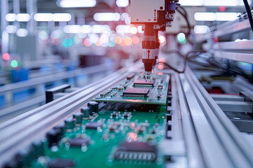Fototapeta na wymiar Circuit board with microchip on electronics manufacturing assembly line
