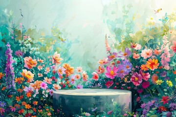 A beautiful watercolor painting of a lush garden with a stone pedestal in the foreground