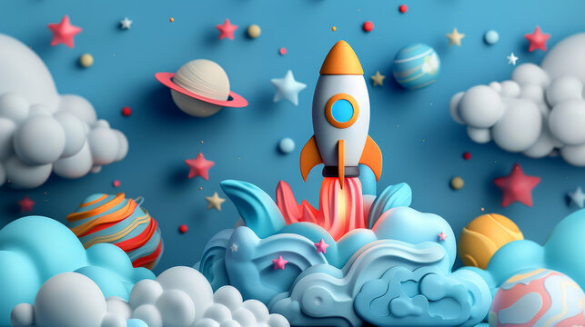 A cartoon rocket ship blasts through a starry night sky on a space exploration mission
