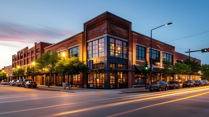 Contemporary commercial building at a street corner with brick facade and large windows, captured at dusk with street lights creating a welcoming ambiance in an urban setting. 