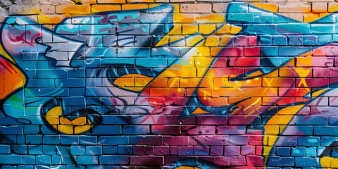 A perspective view of a brick wall adorned with vibrant graffiti art, highlighting colorful and creative street art against the rough brick texture.
