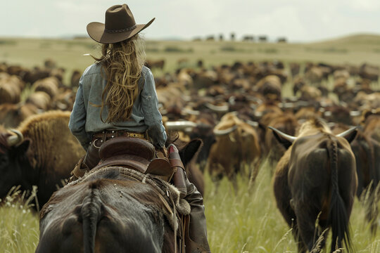 Cowgirl on horseback herding cattle through the open plains, showcasing the traditional lifestyle of a cowboy in a rural setting.