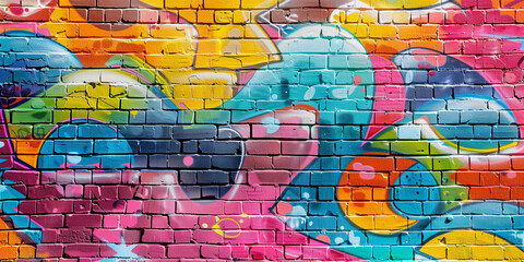 A perspective view of a brick wall adorned with vibrant graffiti art, highlighting colorful and creative street art against the rough brick texture.
