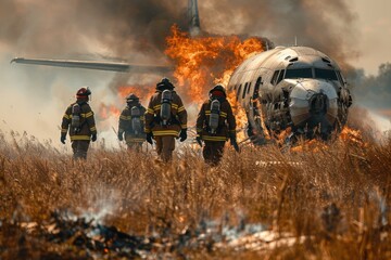 Fototapeta premium A group of firefighters are standing in front of a burning airplane