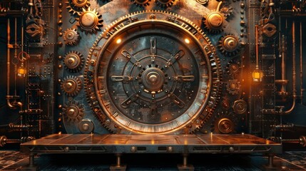 Obraz premium Anampunk style image of a large metal door with intricate gears and rivets. The door is set in a stone wall with two steampunk lanterns on either side.