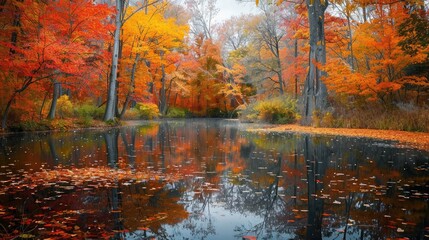 Fototapeta premium A tranquil pond surrounded by trees ablaze with fall colors, offering a reflective oasis in the leafy season.