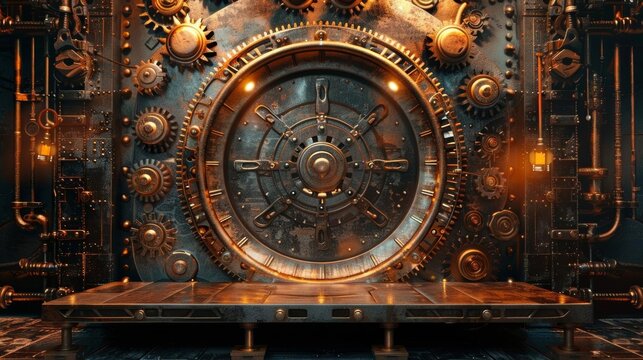 Anampunk style image of a large metal door with intricate gears and rivets. The door is set in a stone wall with two steampunk lanterns on either side.