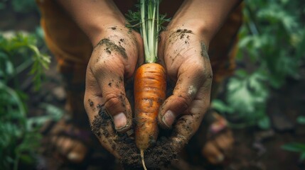 Close-up of hands grasping a freshly pulled carrot, isolated garden background, studio lighting, capturing the earthy details