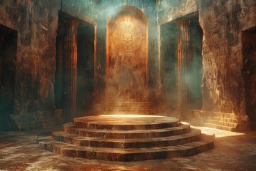 An ancient temple with a glowing altar. The temple is made of stone and has a large door. The altar is made of gold and has a strange symbol on it.