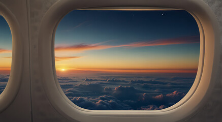A portrait and close up image of an airplane window seat with sky view visible through the window, copy space
