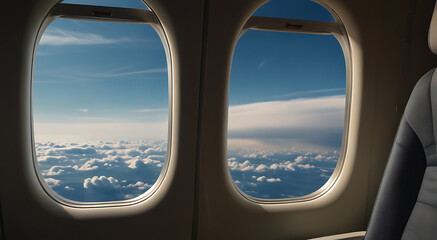 Fototapeta premium A portrait and close up image of an airplane window seat with sky view visible through the window, copy space 