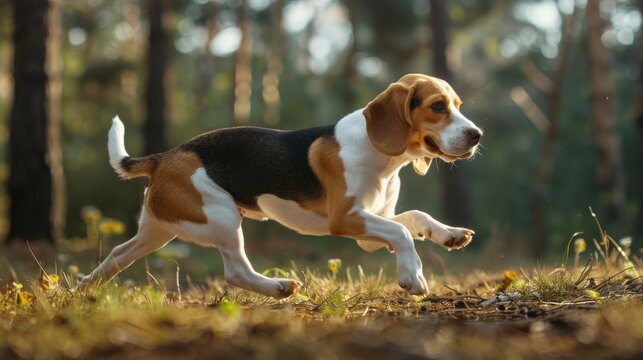 A beagle dog running through the woods.