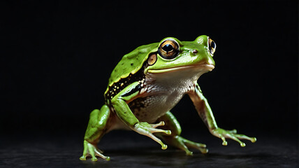 Obraz premium a portrait of a green frog jumping in an isolated black background with copy space 