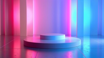 3D rendering of a stage with a podium in the center. The podium is lit by pink and blue lights. The background is a gradient of pink and blue.