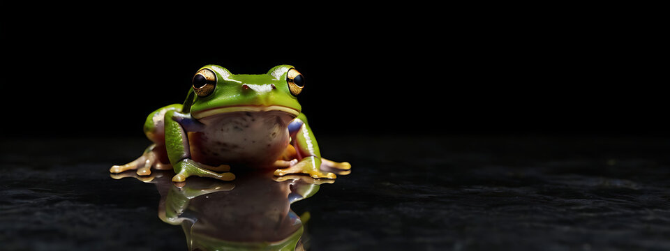 a portrait of a green frog jumping in an isolated black background with copy space
