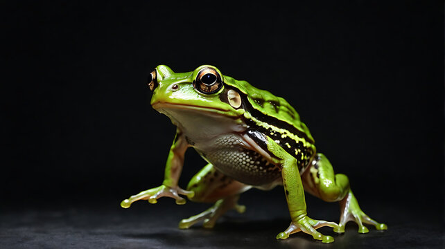 a portrait of a green frog jumping in an isolated black background with copy space
