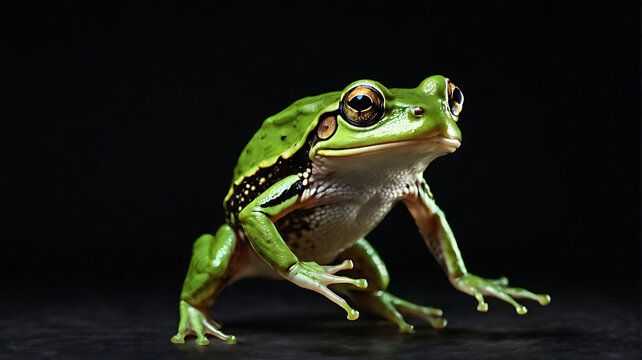 a portrait of a green frog jumping in an isolated black background with copy space
