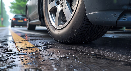 a close up of a Car tire on a wet road in rainy day, selective focus with copy space
