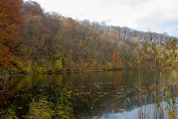 autumn day on a mountain lake of karst origin surrounded by a yellowing forest