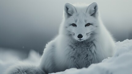 Naklejka premium A white fox is sitting in the snow.