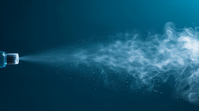Nasal spray spraying with studio lighting against a solid bright blue background.
