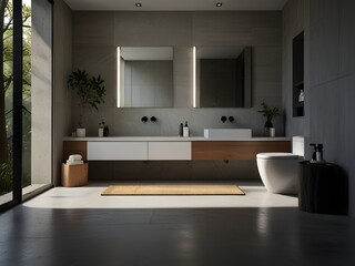 Minimalist bathroom with clean lines and simple, functional design, generative AI