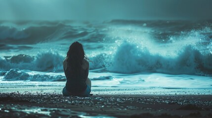 A woman sitting by the shore, watching the waves crash, lost in contemplation, feeling a sense of sadness.