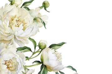 Watercolor border flowers on white background. White peonies with copy space