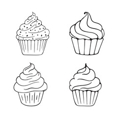 Cupcake Doodle Line Art Design. Cupcake Cartoon Illustration In Black Color