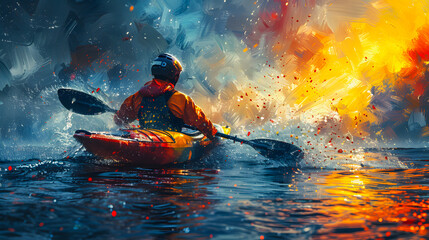 Fototapeta premium A man during a kayak slalom on a rushing river. Canoeing. Discipline of the Olympic Games