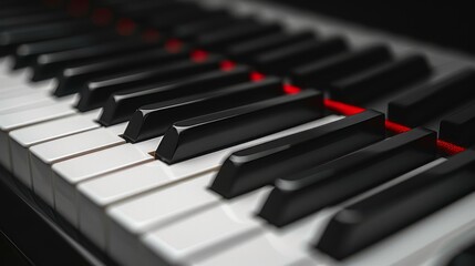 A close up of a piano keyboard with red keys.