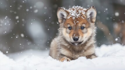 Obraz premium A small puppy is sitting in the snow.