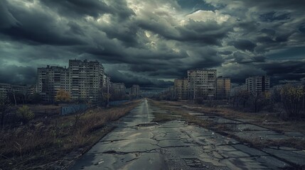 Abandoned cityscape, cracked earth, buildings in ruins, dark ominous clouds overhead, desolate atmosphere