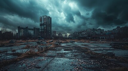 Abandoned cityscape, cracked earth, buildings in ruins, dark ominous clouds overhead, desolate atmosphere
