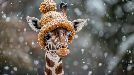 A giraffe wearing a knitted hat in the snow.