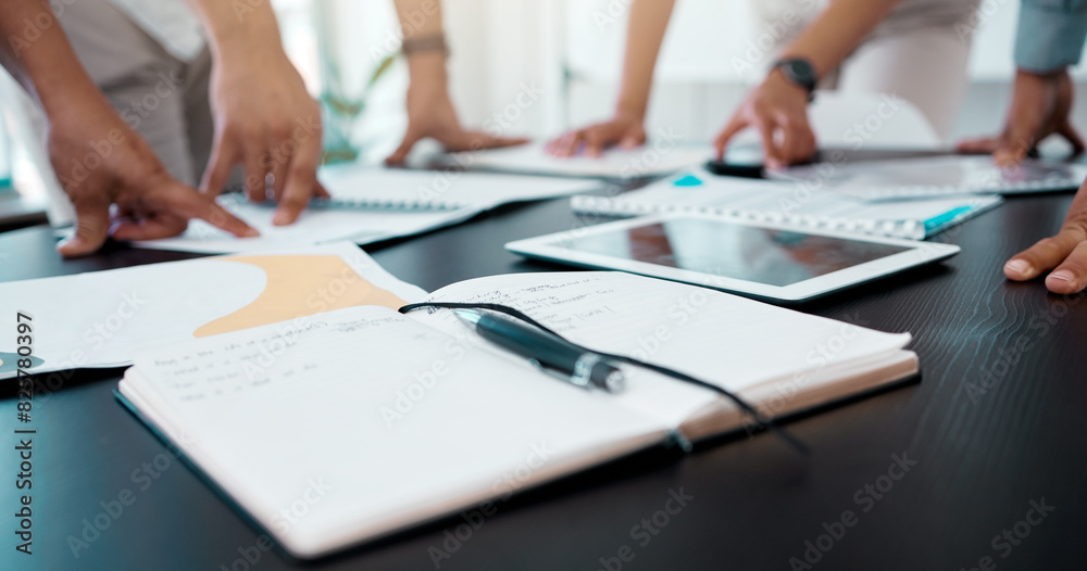 Poster pointing, meeting and hands of business people with notebook for discussion, planning or review proj