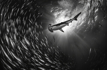 A shark swimming through an enormous school of sardines, creating a mesmerizing scene that...