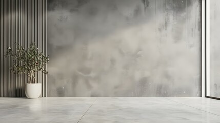 Abstract interior design of modern showroom with empty white concrete floor and gray wall...