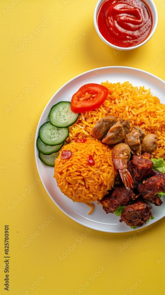 Wall mural Yellow rice with chicken fried , egg slice, carrot, cucumber and chili story background