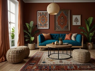 living room with a mix of textures and global-inspired decor, generative AI