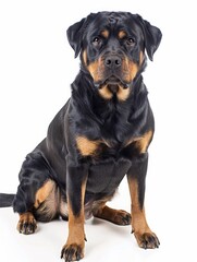 Fototapeta premium A black and tan rottweiler dog sitting on a white background.