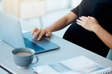 Laptop, hands and pregnant employee, typing and closeup of woman, working and publicist in PR...