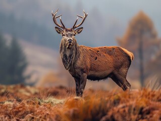A stag standing in a field with trees in the background.