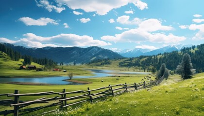 A stunning spring day landscaping views of fertile land surrounded beautiful green vegetation, wide stretches of hills and mountains with clear skies in spring