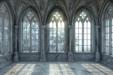 A large, empty room with arched windows and a stone ceiling