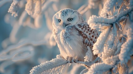 A snowy owl perched on a branch in the winter. - Powered by Adobe