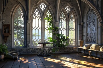 Spacious, bare room showcasing arched fenestration and a stone overhead. Austere, high-ceilinged interior