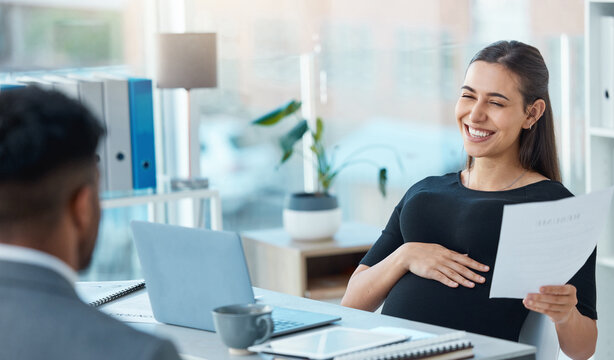 Pregnant woman, smile and office with discussion, interview and affirmative action for new job. Web designer, resume review and recruitment process for intern hiring, crm goals and employee growth