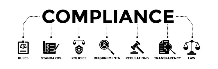Compliance banner icons set. Vector graphic glyph style with icon of rules, standards, policies, requirements, regulation, transparency, and law	